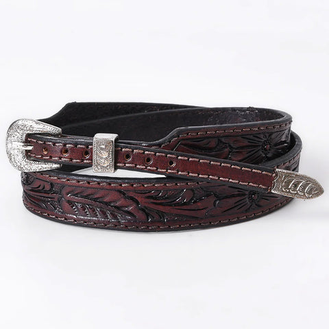 Dark Brown Tooled Hat Band with Silver Buckle