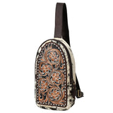 Brown and White Cowhide Sling Bag with Floral Tooling Front