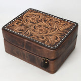 Chocolate brown leather tooled jewelry case with zipper that goes around 3 sides.