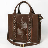 Brown square tote purse with two handles - white boot stitching in the middle. - long shoulder strap