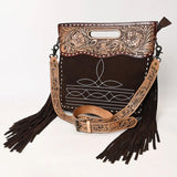 Brown Suede Purse with white boot stitch. Floral tooled leather top with cut out and matching buckle strap. Suede fringe
