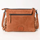 Back view of brown suede handbag with fringe details