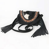 Black fringe purse with tooled u-shape flap with black and white cowhide