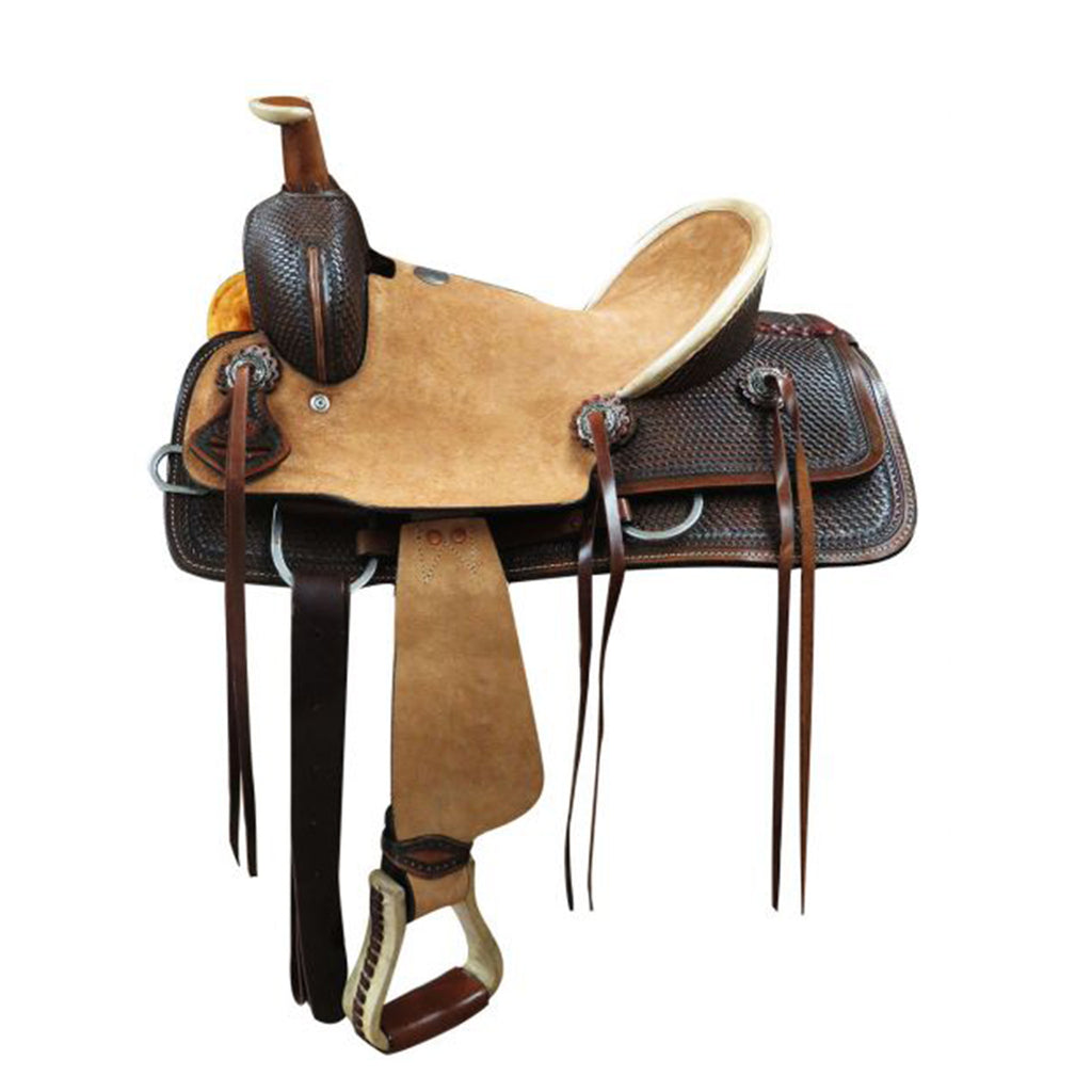 tan rough out leather hard seat and dark basket tooled leather skirt