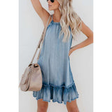 Women's Denim Ruffle Drawstring Dress
