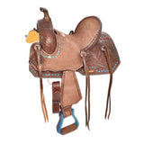 Youth chocolate brown rough out saddle hard seat/dark brown acorn tooled skirts, with turquoise buckstitch trim