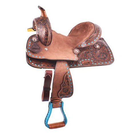 10" youth saddle with chocolate rough-out leather with a durable hard seat and turquoise buckstitch trim