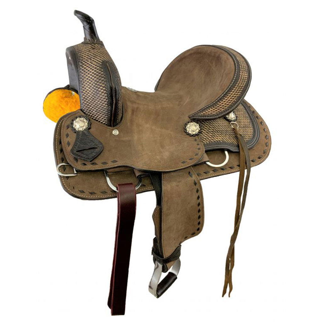 Youth Hard Seat Barrel Style Saddle with chocolate brown rough-out leather