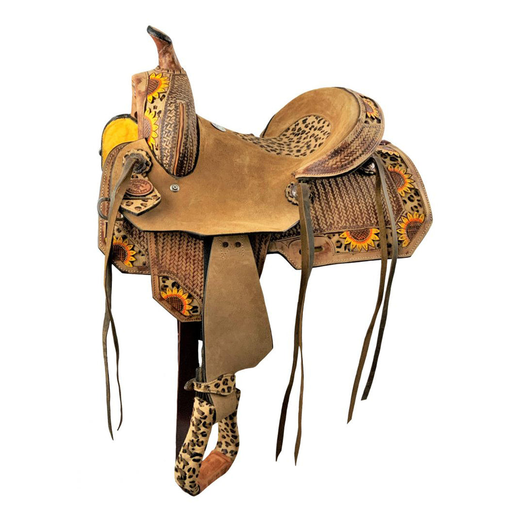 10" youth saddle with sunflowers and cheetah accents