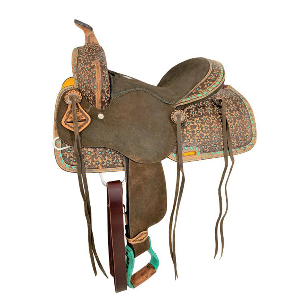Barrel Style Saddle adorned with Teal Flower and Buckstitch Accents. 