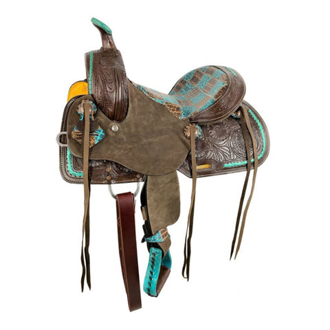 youth Barrel style saddle with teal gator patchwork pattern
