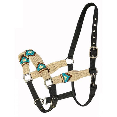 Black Nylon Halter with White and Teal wool Noseband