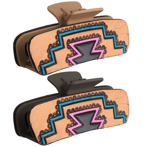 Two Southwest Belle Claw Clips, top clip has a light brown base and the bottom clip has a dark brown base