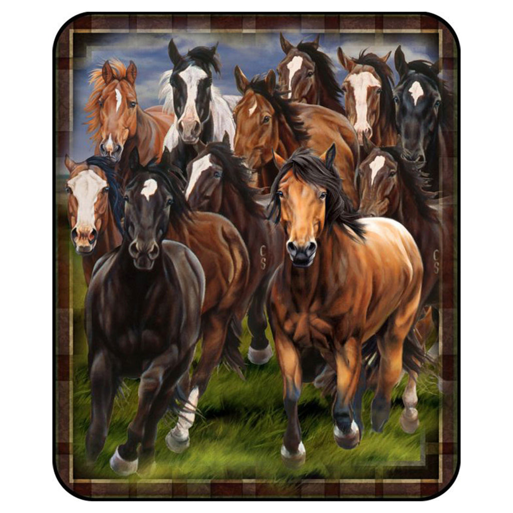 Silk Touch Throw with Sherpa Lining and Running Horses on green grass