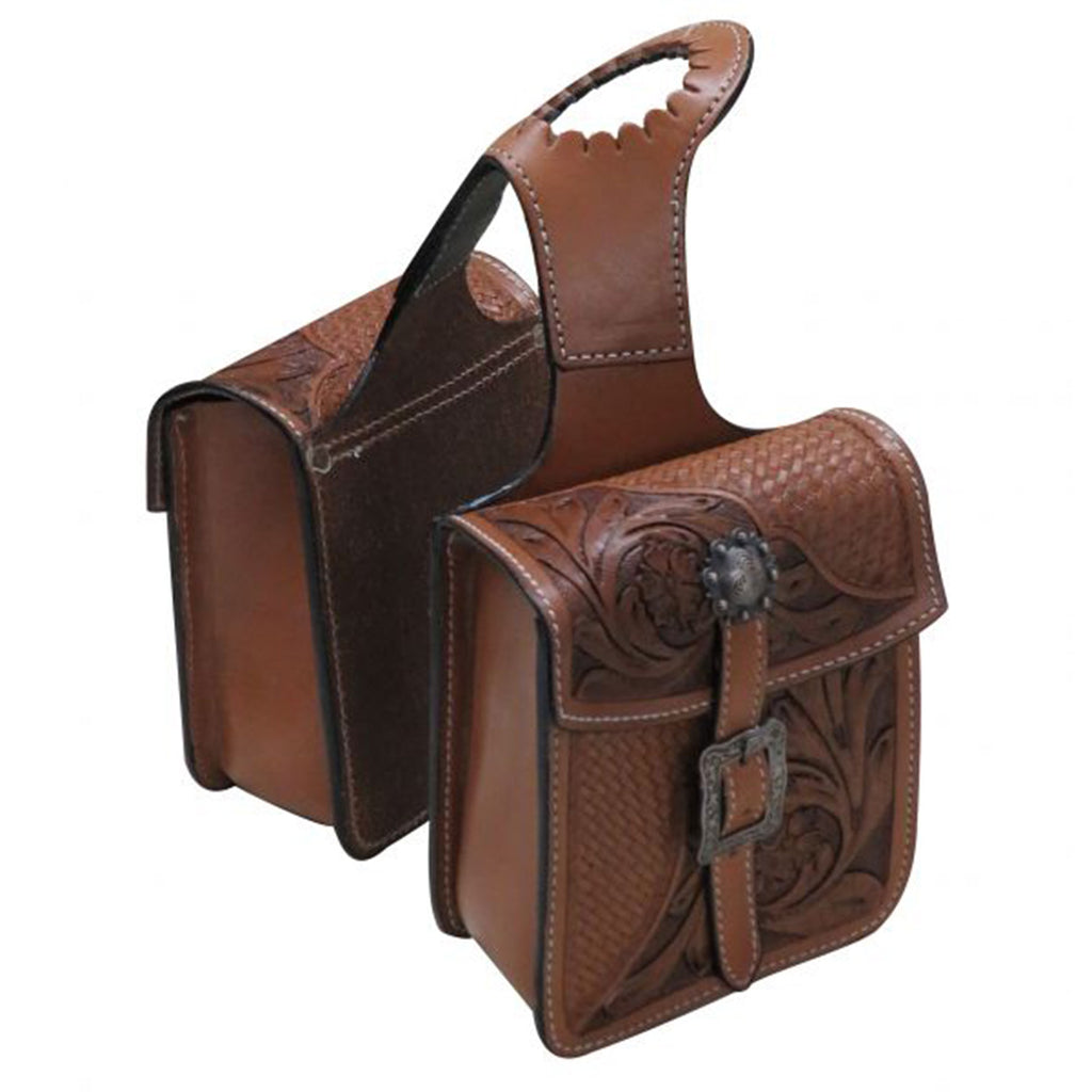 Brown tooled and basket weave horn bag