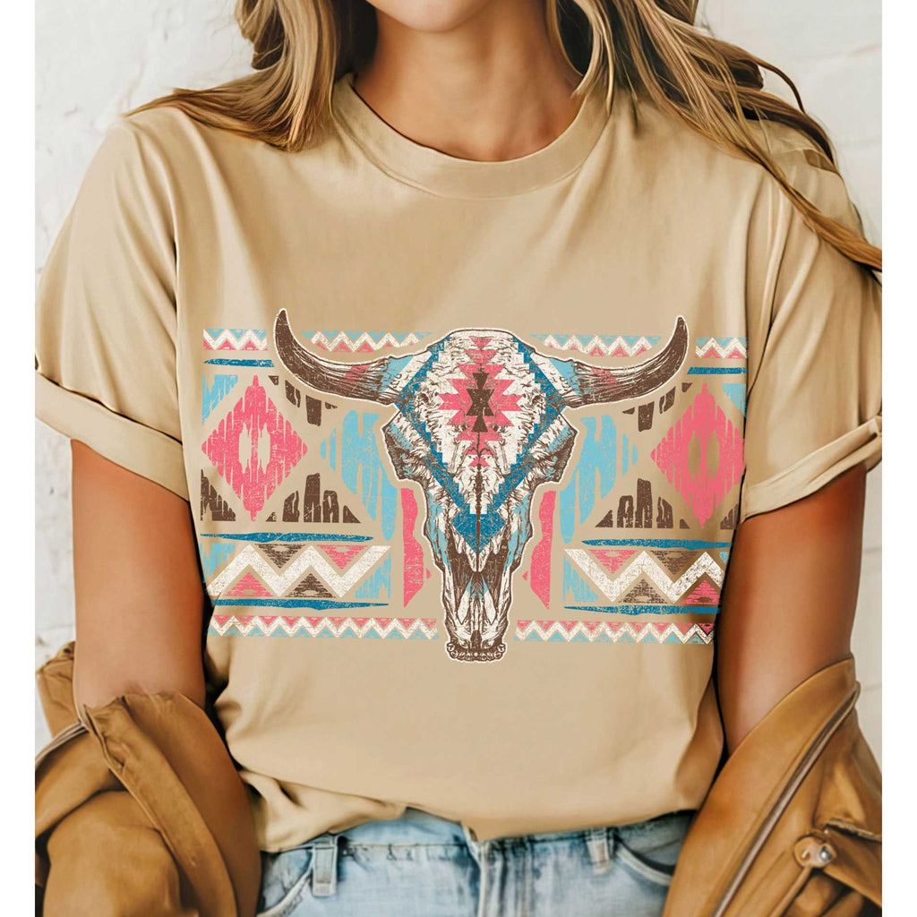 Tan T-shirt with Aztec Background and Aztec Steer Skull Head