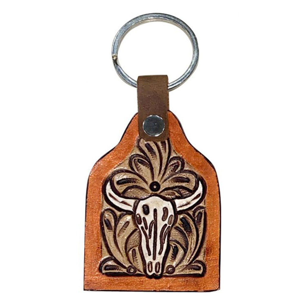Showman Cow Tag Shaped Tooled Leather Cow Skull Keychain