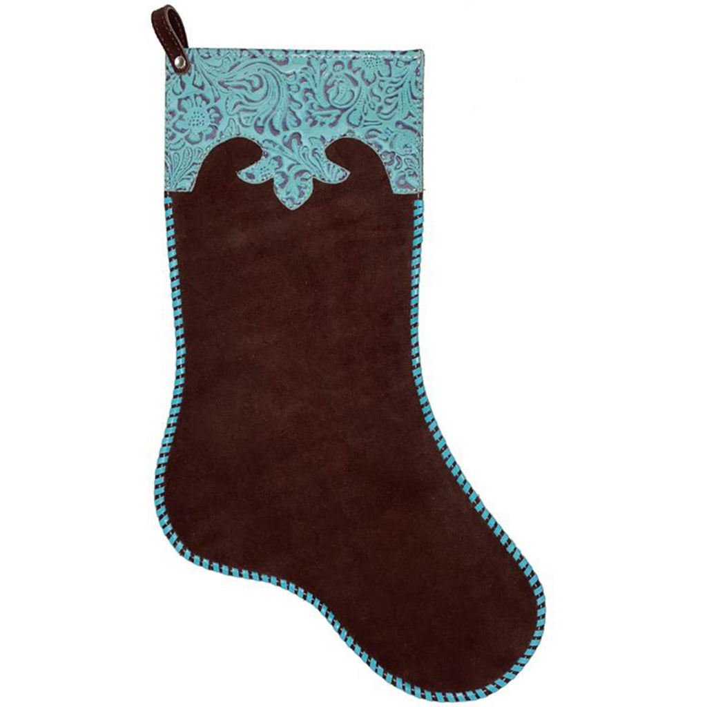 Brown leather Christmas stocking with tooled turquoise top and rawhide-wrapped edge and stitched detailing