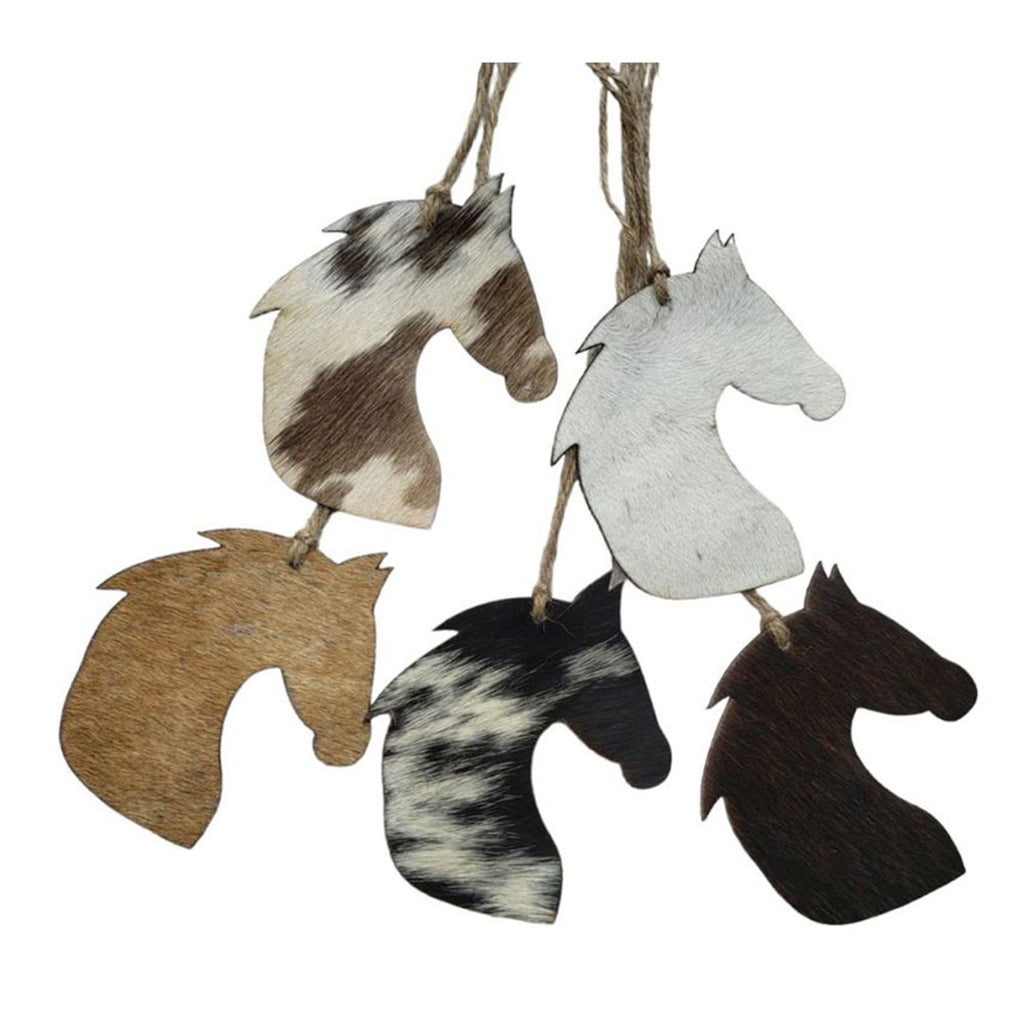 Horse head-shaped Christmas ornament made from genuine cowhide leather with unique hide pattern