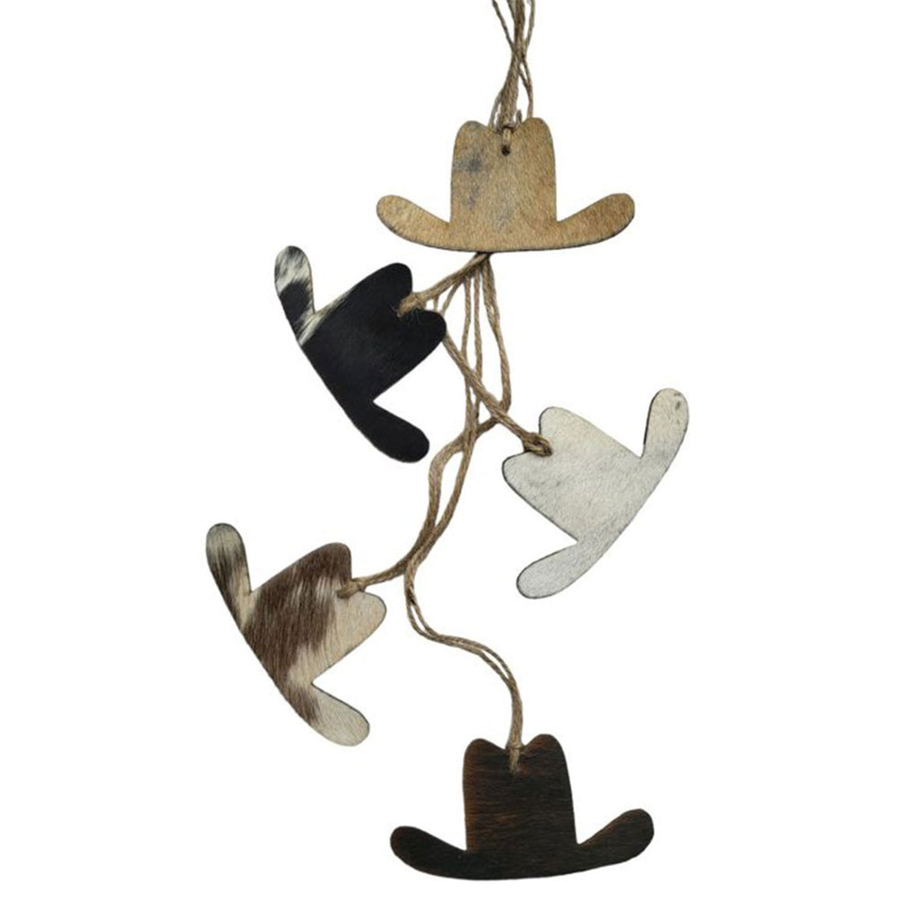 Cowboy hat-shaped Christmas ornament made from genuine cowhide leather with unique hide pattern 