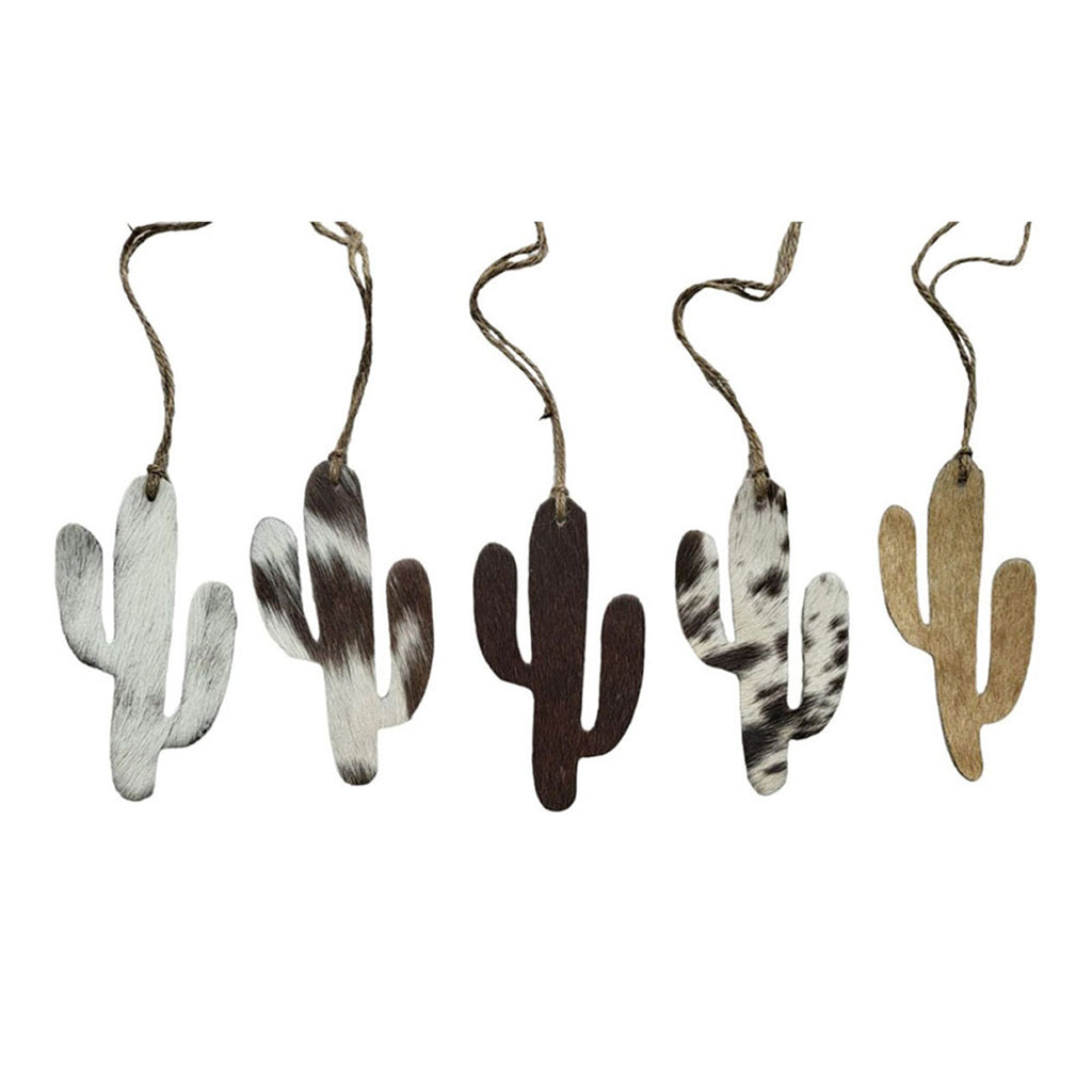 Cactus-shaped Christmas ornament made from genuine cowhide leather with unique hide pattern