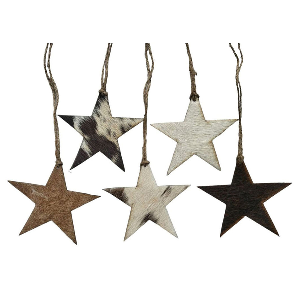 Star-shaped Christmas ornament made from genuine cowhide leather with unique hide pattern 