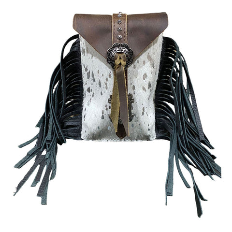white acid cowhide with black fringe