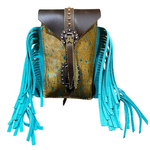 Acid Wash Cowhide with blue fringe and bronze closing conchos