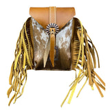 Gold fringe brown and white cowhide rear cinch bag.