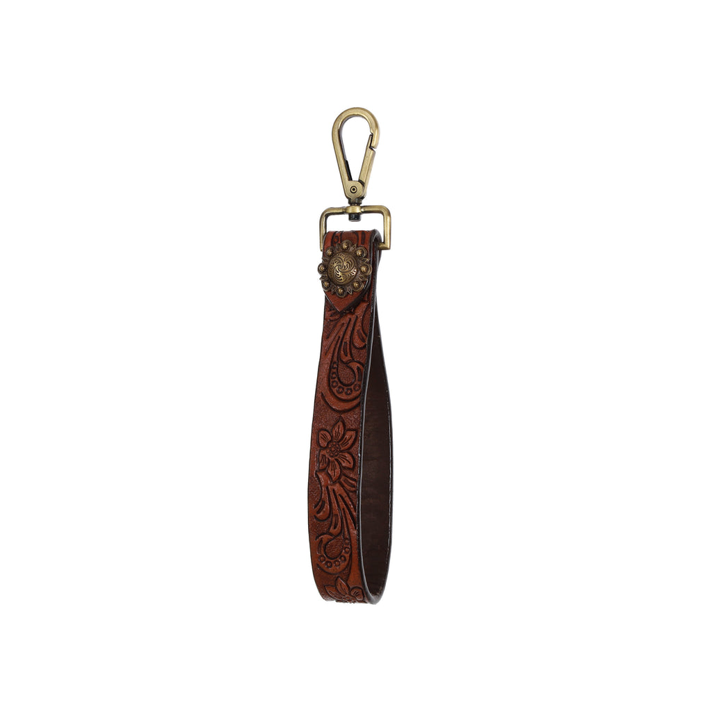 brown leather floral tooling loop key chain