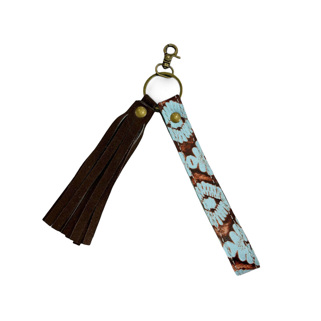 Aztec Leather Tooled Key Chain with brown tassels 