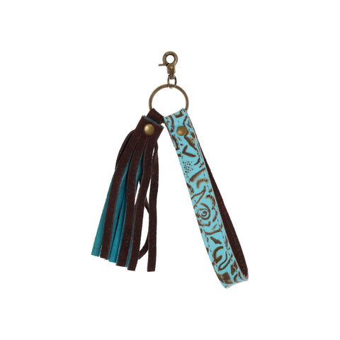 Teal Tooled Brown Leather Loop Key Chain with Brown and Teal Fringe