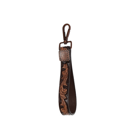 Rustic Dark Leather Tooled Loop Key chain