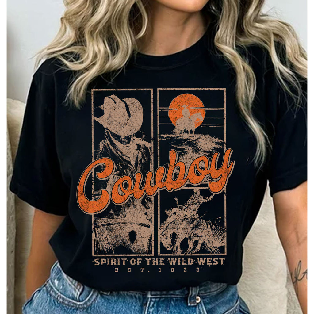 Black women's t-shirt with beige and orange screen printed wild west cowboy motif. 
