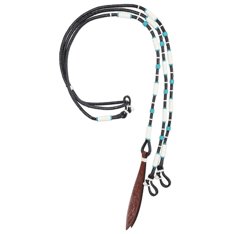 Black, white and teal round braided rawhide romal reins
