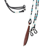 Close up Black - white - teal round braided rawhide romal reins