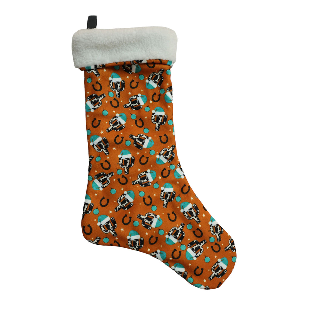 Orange Christmas stocking with cow print cactus wearing teal Santa hats and soft white fleece cuff