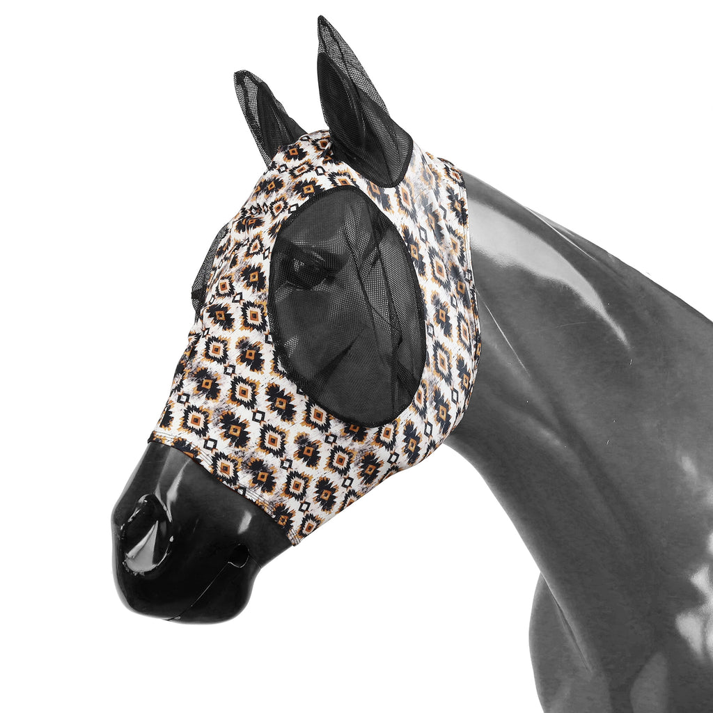 white, black, and brown Aztec Sunstone print fly mask with ears