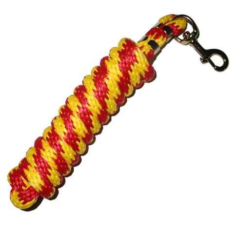 Flat lay view of ed and yellow poly lead rope
