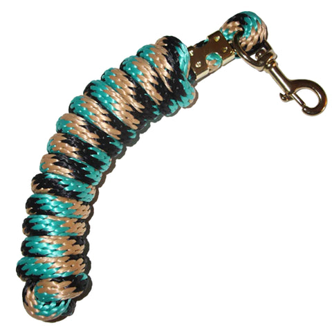 Flat lay of coiled up turquoise, black, and tan lead rope. 