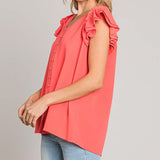 Women's Solid Bubble Ruffle Sleeve Top