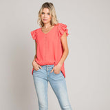 Women's Solid Bubble Ruffle Sleeve Top