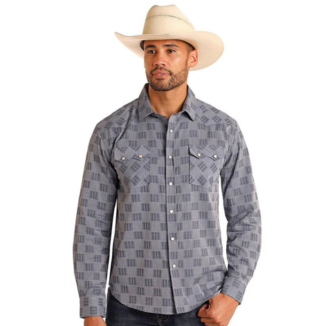 Blue/grey long sleeve pearl snap shirt with double sawtooth flap snap pockets. 
