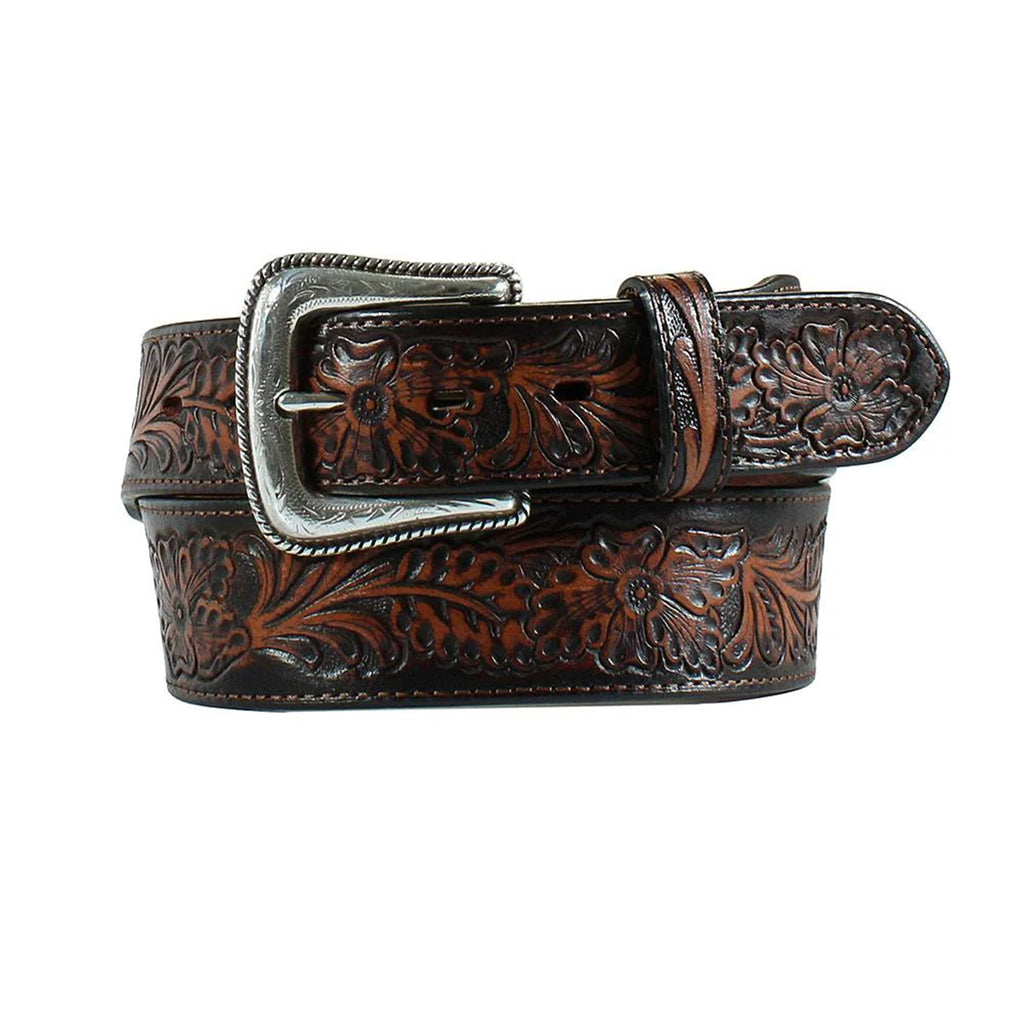Coiled up view of Nocona floral embossed black and brown leather belt. 