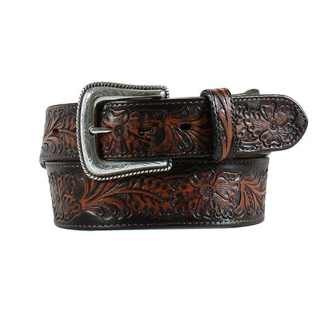 Coiled up view of Nocona floral embossed black and brown leather belt. 