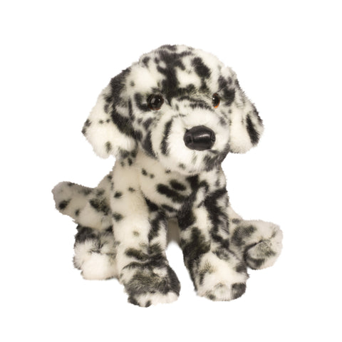 Black and white spotted stuffed puppy dog. 