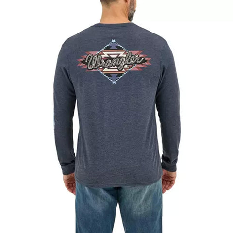 Back side view of the shirt, it has a large Aztec Wrangler logo design. 