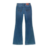 flared jeans for girls with an adjust-to-fit waistband in medium blue denim back view