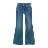 flared jeans for girls with an adjust-to-fit waistband in medium blue denim
