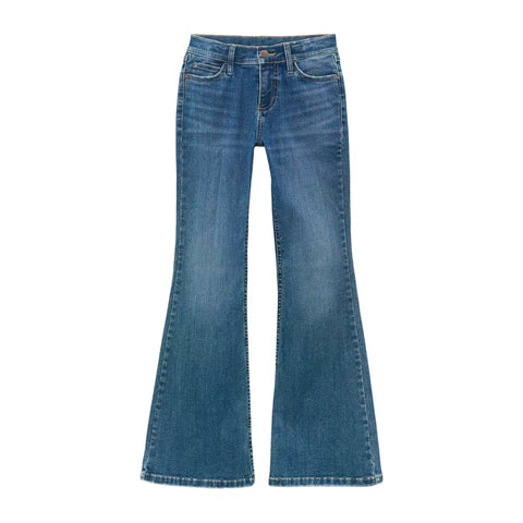 flared jeans for girls with an adjust-to-fit waistband in medium blue denim